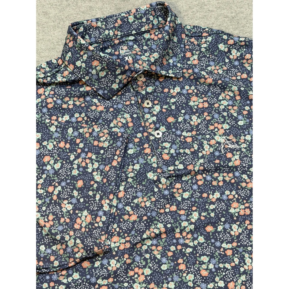 Rhoback Mens XL Performance Polo Shirt Navy Blue Floral Print Short Sleeve Golf